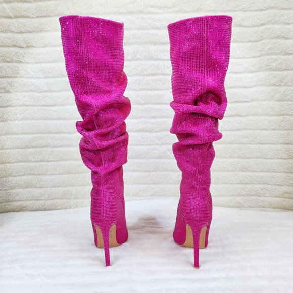 Radiant Fuchsia Pink Rhinestone High Heel Slouch Knee High Boots - Picture 2 of 11